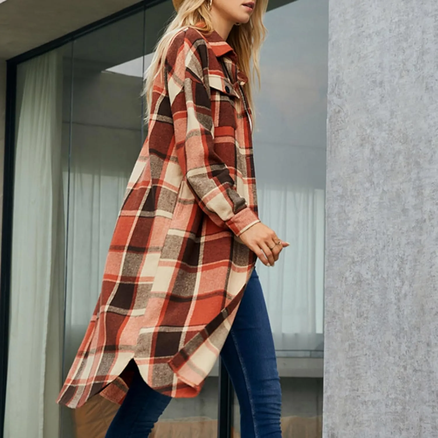 Long Jackets for Women 2024 Plaid Print Button Down Long Sleeve Trench Coat Fall Winter Casual Collared Shacket Jacket