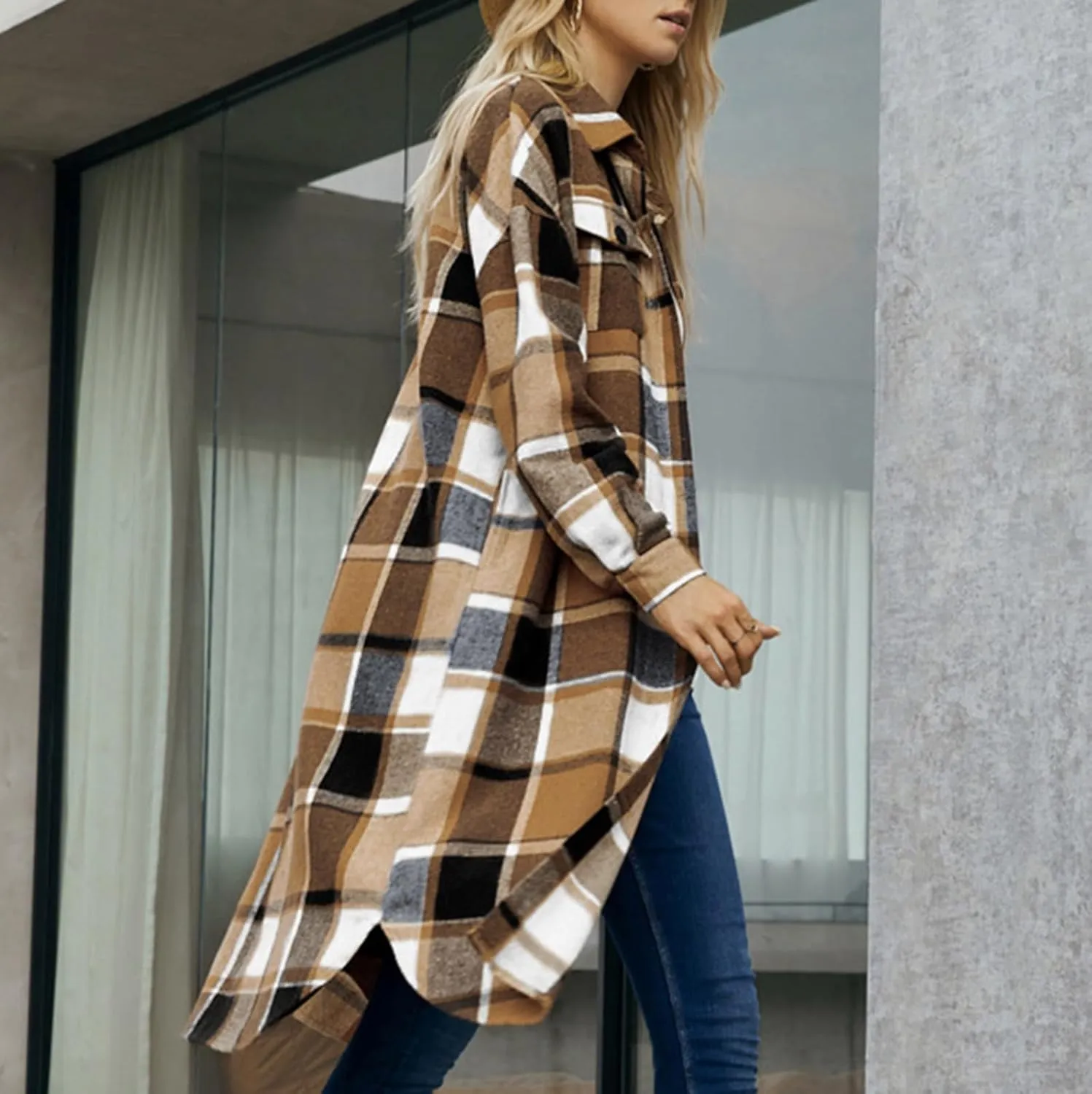 Long Jackets for Women 2024 Plaid Print Button Down Long Sleeve Trench Coat Fall Winter Casual Collared Shacket Jacket