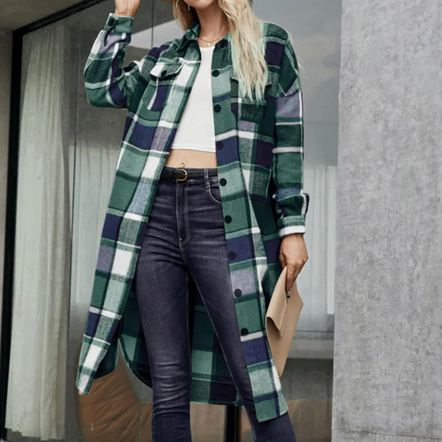 Long Jackets for Women 2024 Plaid Print Button Down Long Sleeve Trench Coat Fall Winter Casual Collared Shacket Jacket