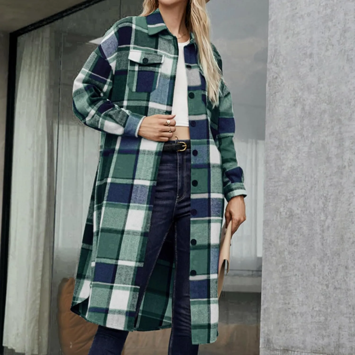Long Jackets for Women 2024 Plaid Print Button Down Long Sleeve Trench Coat Fall Winter Casual Collared Shacket Jacket