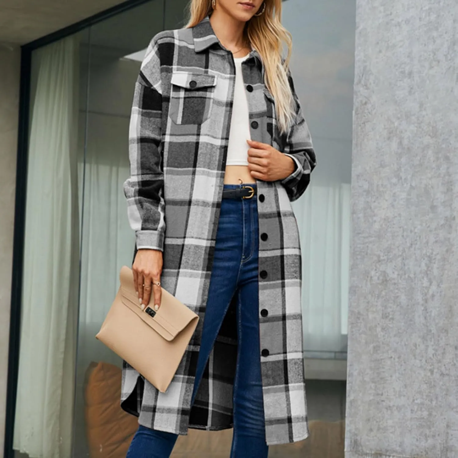Long Jackets for Women 2024 Plaid Print Button Down Long Sleeve Trench Coat Fall Winter Casual Collared Shacket Jacket