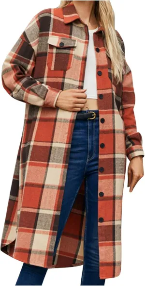 Long Jackets for Women 2024 Plaid Print Button Down Long Sleeve Trench Coat Fall Winter Casual Collared Shacket Jacket