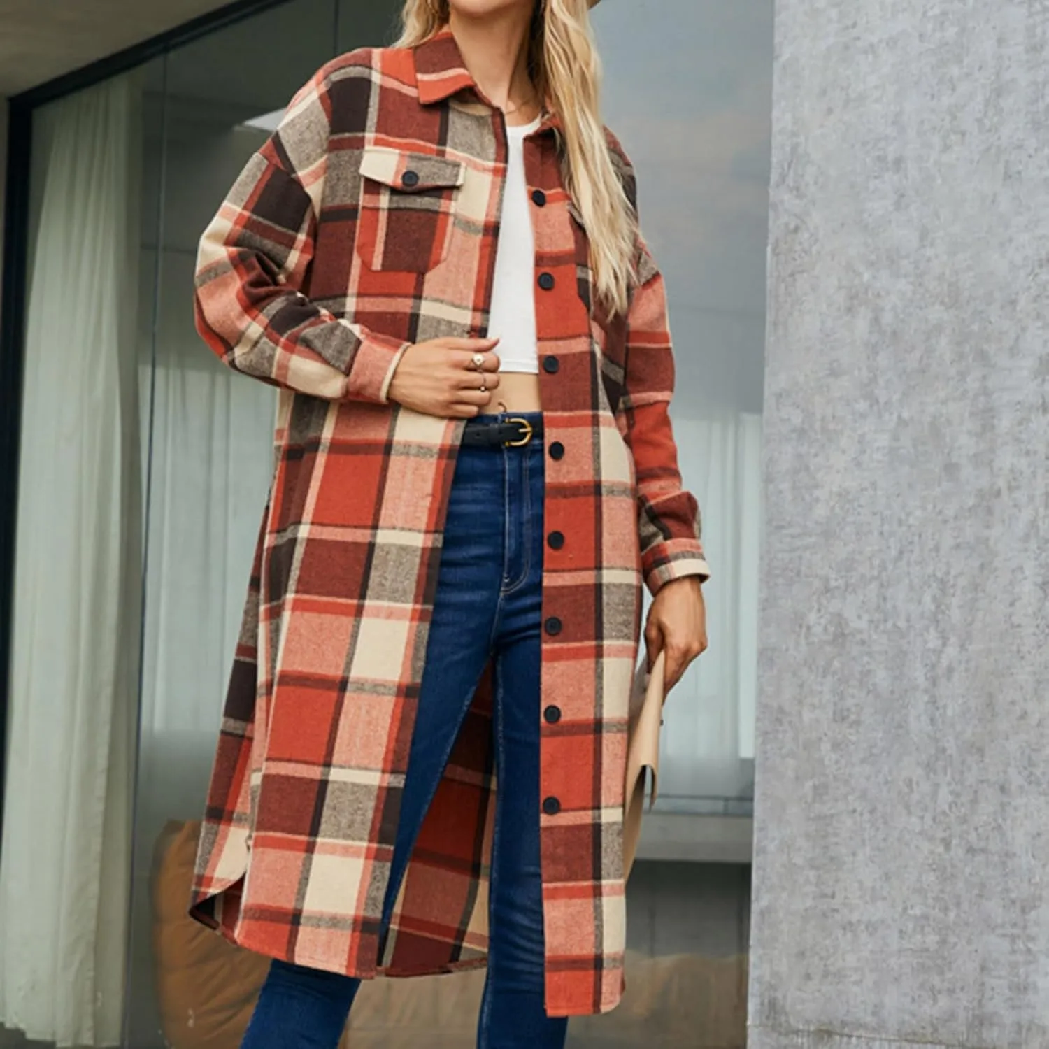 Long Jackets for Women 2024 Plaid Print Button Down Long Sleeve Trench Coat Fall Winter Casual Collared Shacket Jacket