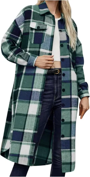Long Jackets for Women 2024 Plaid Print Button Down Long Sleeve Trench Coat Fall Winter Casual Collared Shacket Jacket