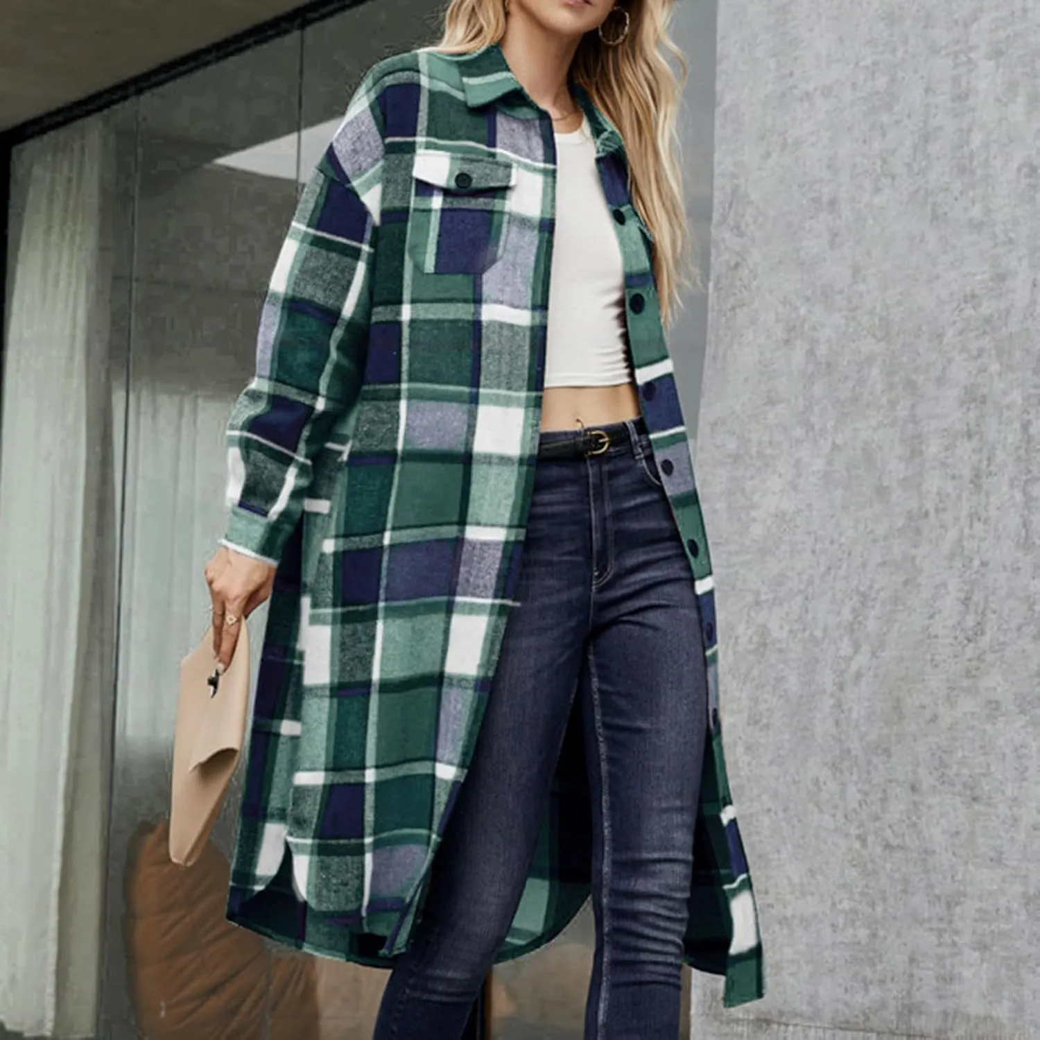 Long Jackets for Women 2024 Plaid Print Button Down Long Sleeve Trench Coat Fall Winter Casual Collared Shacket Jacket