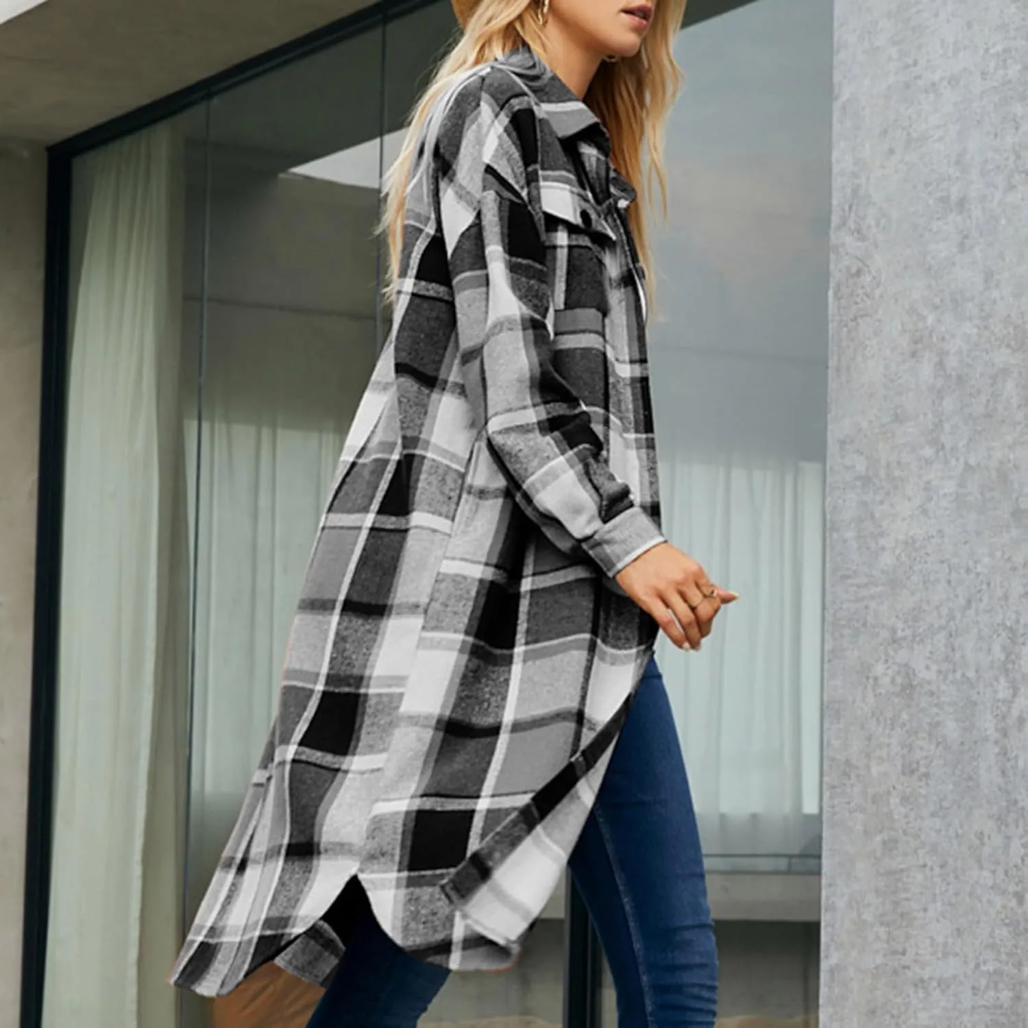 Long Jackets for Women 2024 Plaid Print Button Down Long Sleeve Trench Coat Fall Winter Casual Collared Shacket Jacket