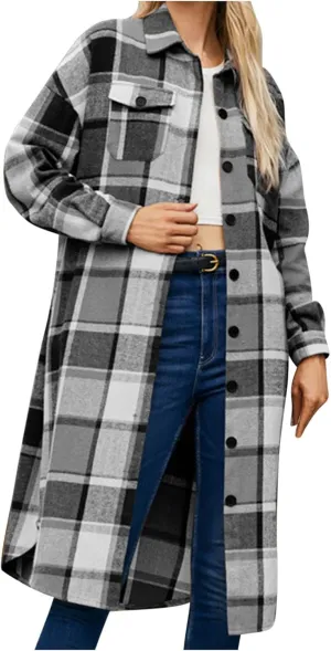 Long Jackets for Women 2024 Plaid Print Button Down Long Sleeve Trench Coat Fall Winter Casual Collared Shacket Jacket