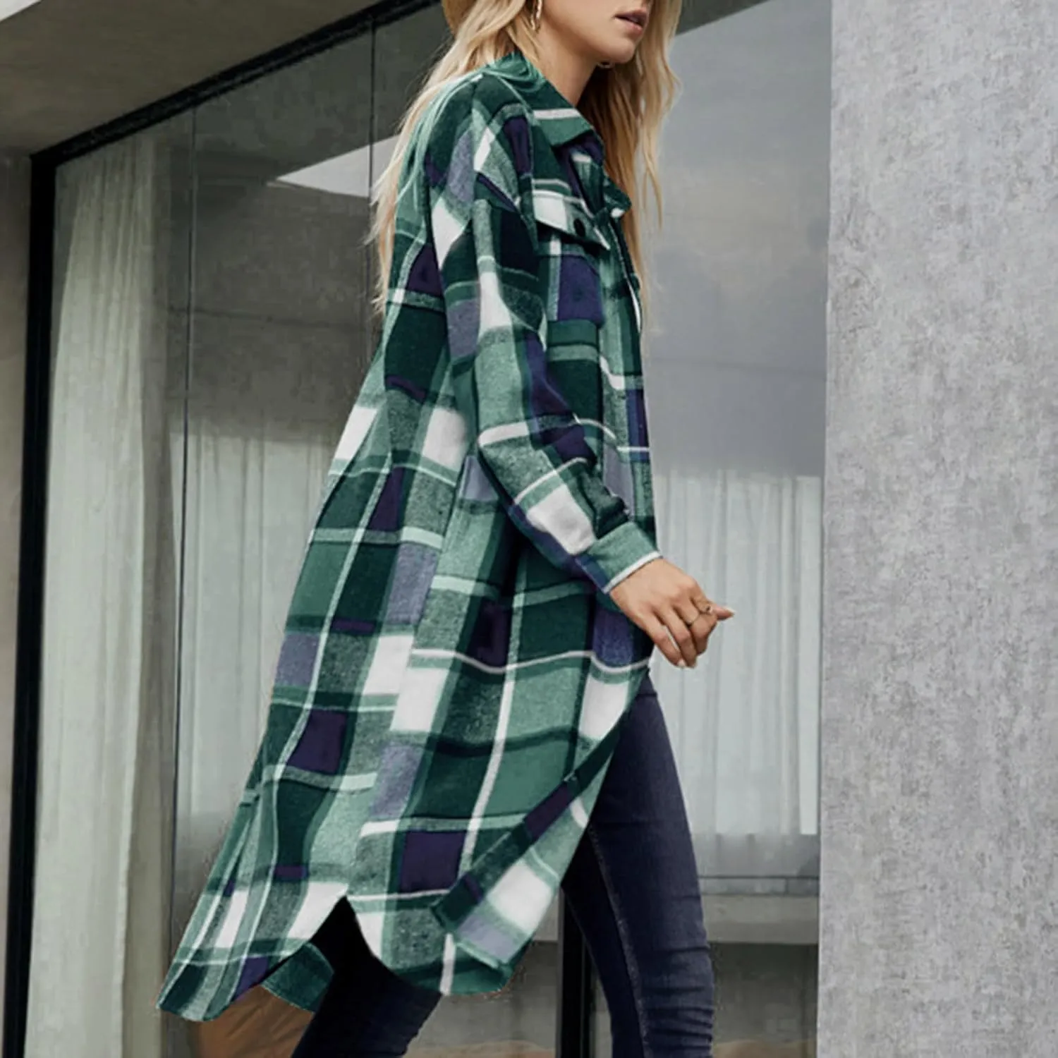 Long Jackets for Women 2024 Plaid Print Button Down Long Sleeve Trench Coat Fall Winter Casual Collared Shacket Jacket