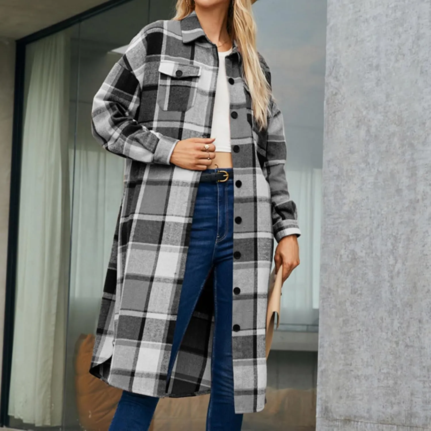 Long Jackets for Women 2024 Plaid Print Button Down Long Sleeve Trench Coat Fall Winter Casual Collared Shacket Jacket