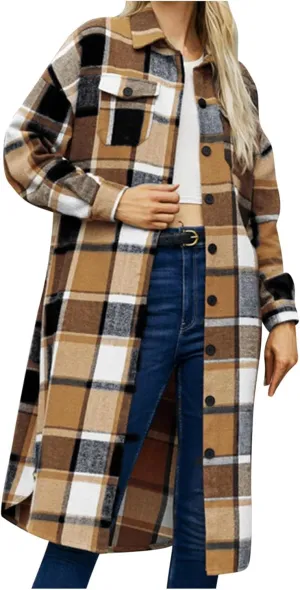 Long Jackets for Women 2024 Plaid Print Button Down Long Sleeve Trench Coat Fall Winter Casual Collared Shacket Jacket