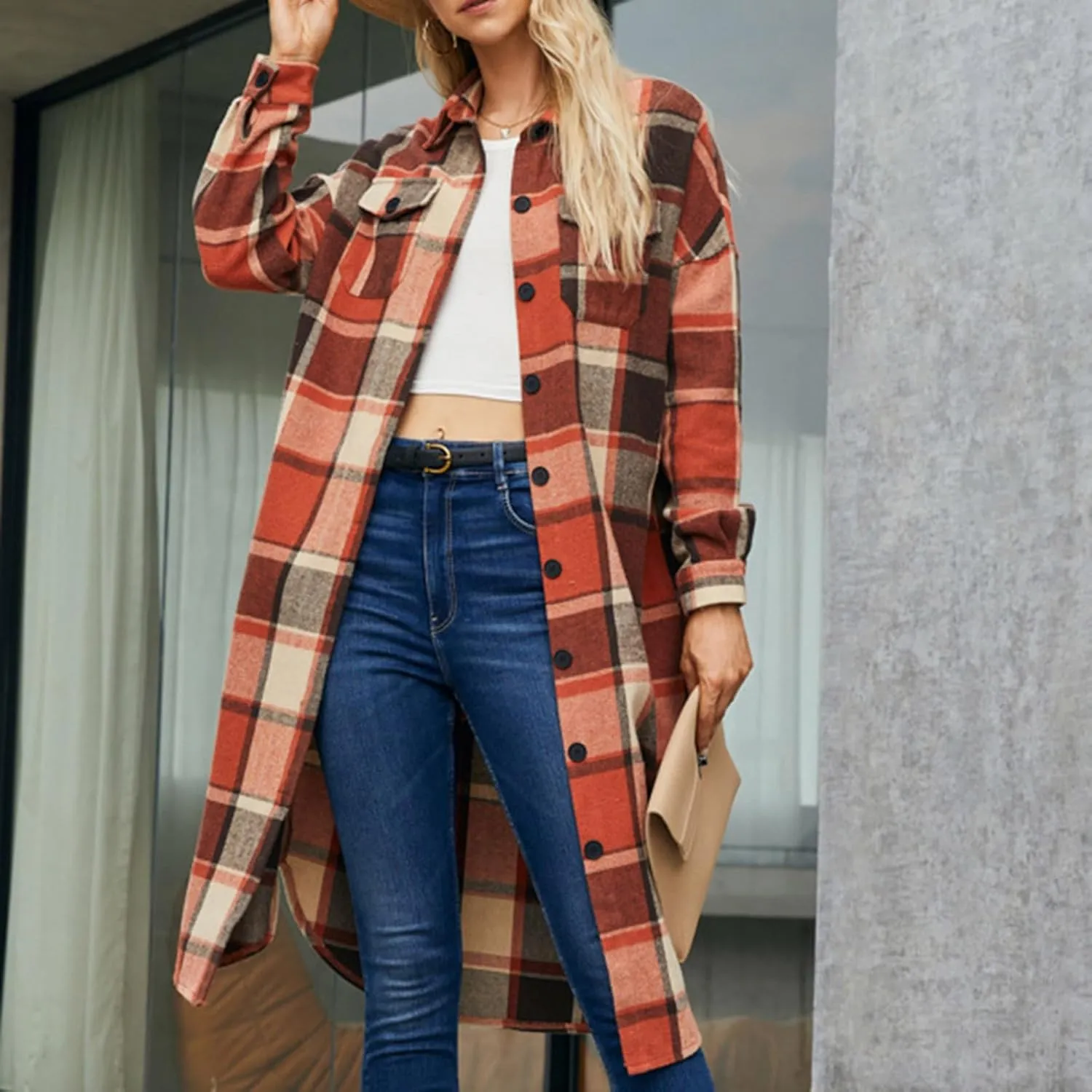 Long Jackets for Women 2024 Plaid Print Button Down Long Sleeve Trench Coat Fall Winter Casual Collared Shacket Jacket