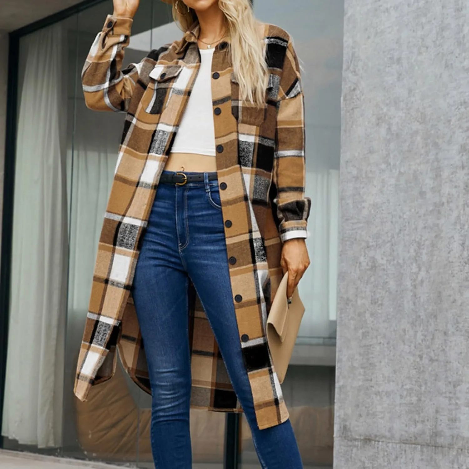 Long Jackets for Women 2024 Plaid Print Button Down Long Sleeve Trench Coat Fall Winter Casual Collared Shacket Jacket