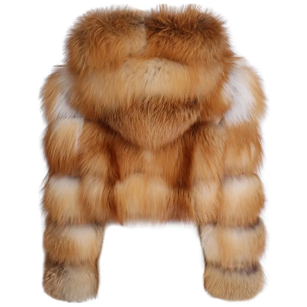 Luxury Real Women Silver Gold Fox Fur Coats With Fur Hood Jacket