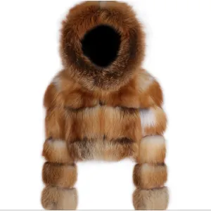 Luxury Real Women Silver Gold Fox Fur Coats With Fur Hood Jacket