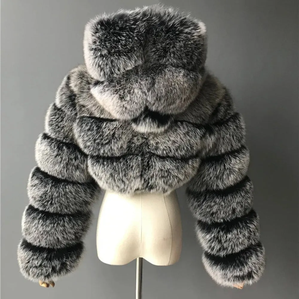 Luxury Real Women Silver Gold Fox Fur Coats With Fur Hood Jacket