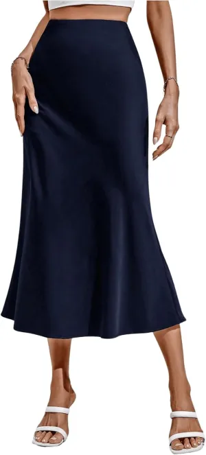 MakeMeChic Women's Bodycon Midi Skirt Satin Flared Hem Ruffle Elegant High Waist Skirts