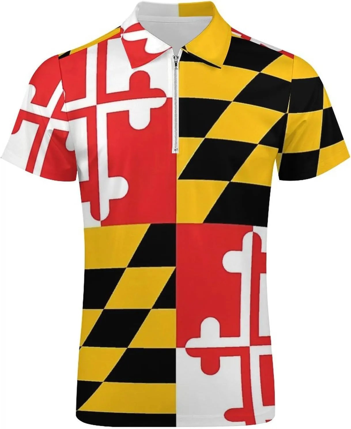 Maryland Flag Mens Zipper Polo-Shirts Short Sleeve Slim Fit Tees Tops