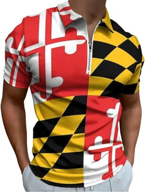 Maryland Flag Mens Zipper Polo-Shirts Short Sleeve Slim Fit Tees Tops
