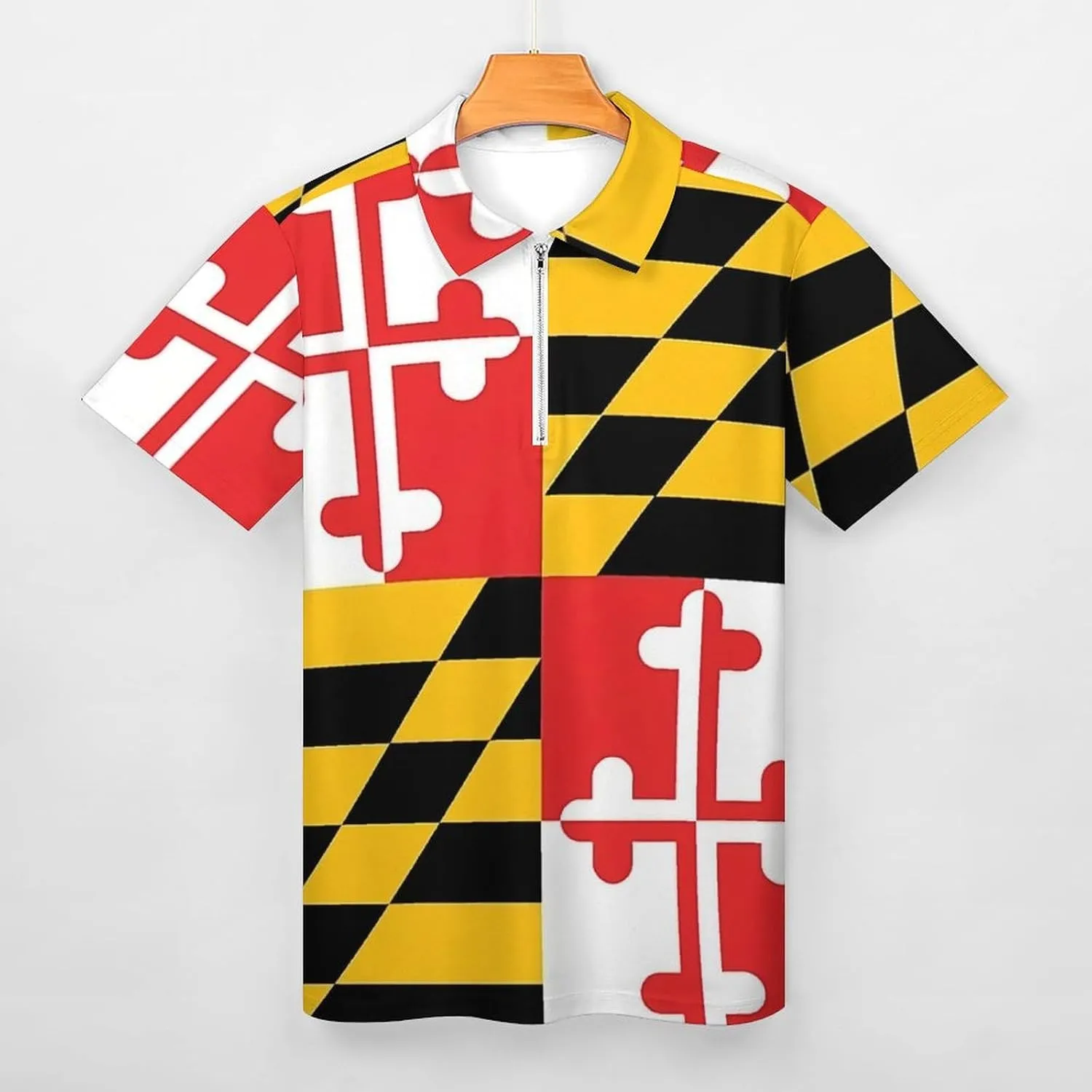 Maryland Flag Mens Zipper Polo-Shirts Short Sleeve Slim Fit Tees Tops