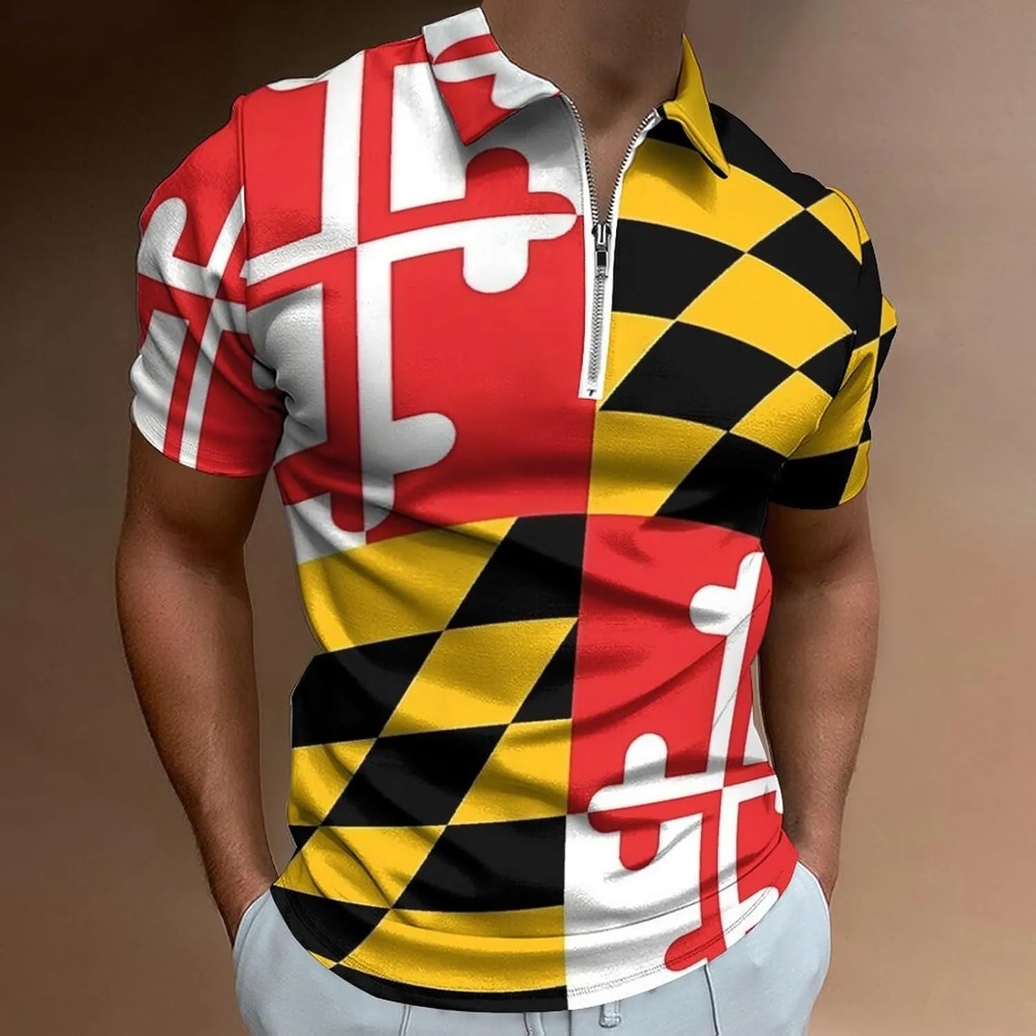 Maryland Flag Mens Zipper Polo-Shirts Short Sleeve Slim Fit Tees Tops