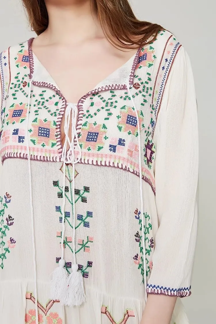 Melliflo Womens Boho Floral Embroidered Mini Dress Tied V Neck 3/4 Sleeve Ruffle Ethnic Style Casual Loose Fall Dress