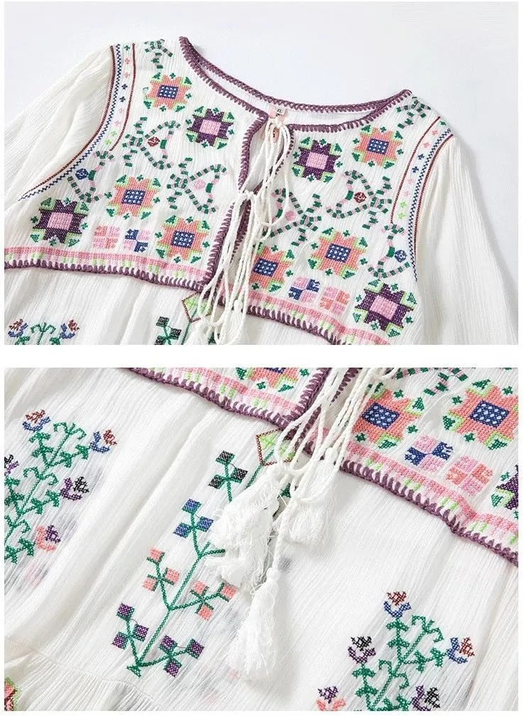 Melliflo Womens Boho Floral Embroidered Mini Dress Tied V Neck 3/4 Sleeve Ruffle Ethnic Style Casual Loose Fall Dress