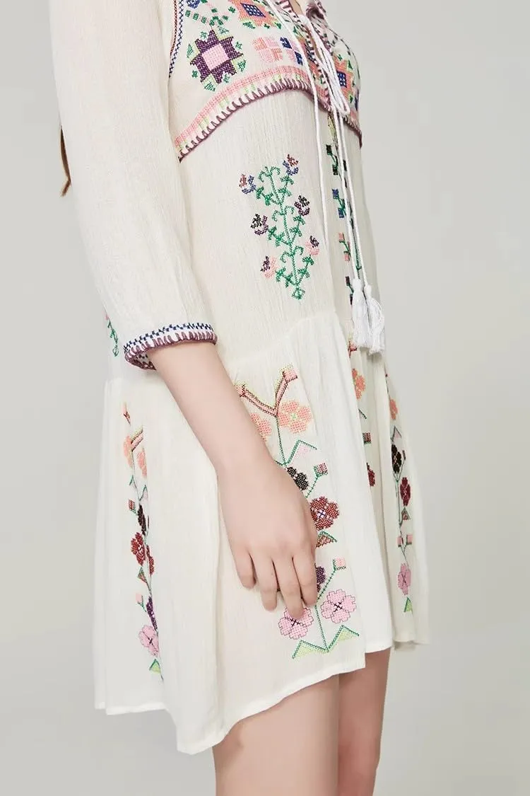 Melliflo Womens Boho Floral Embroidered Mini Dress Tied V Neck 3/4 Sleeve Ruffle Ethnic Style Casual Loose Fall Dress