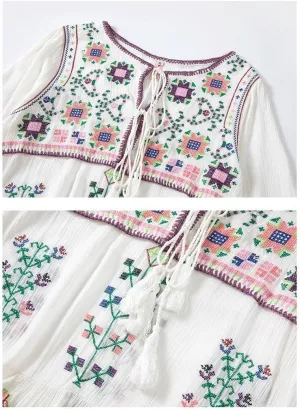 Melliflo Womens Boho Floral Embroidered Mini Dress Tied V Neck 3/4 Sleeve Ruffle Ethnic Style Casual Loose Fall Dress