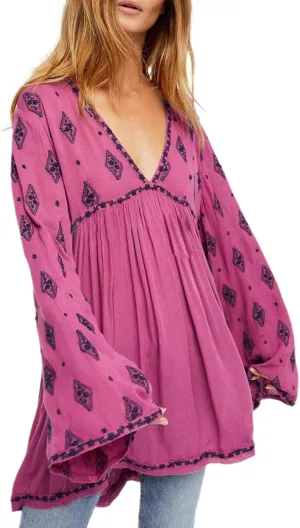 Melliflo Womens Floral Embroidered Ruffle Flowy Tunic Dress Deep V Neck Long Sleeve Loose Fall Fashion Boho Mini Dress