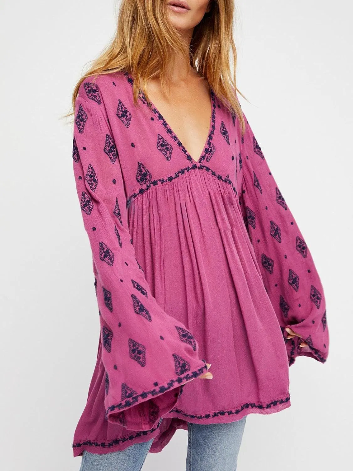 Melliflo Womens Floral Embroidered Ruffle Flowy Tunic Dress Deep V Neck Long Sleeve Loose Fall Fashion Boho Mini Dress
