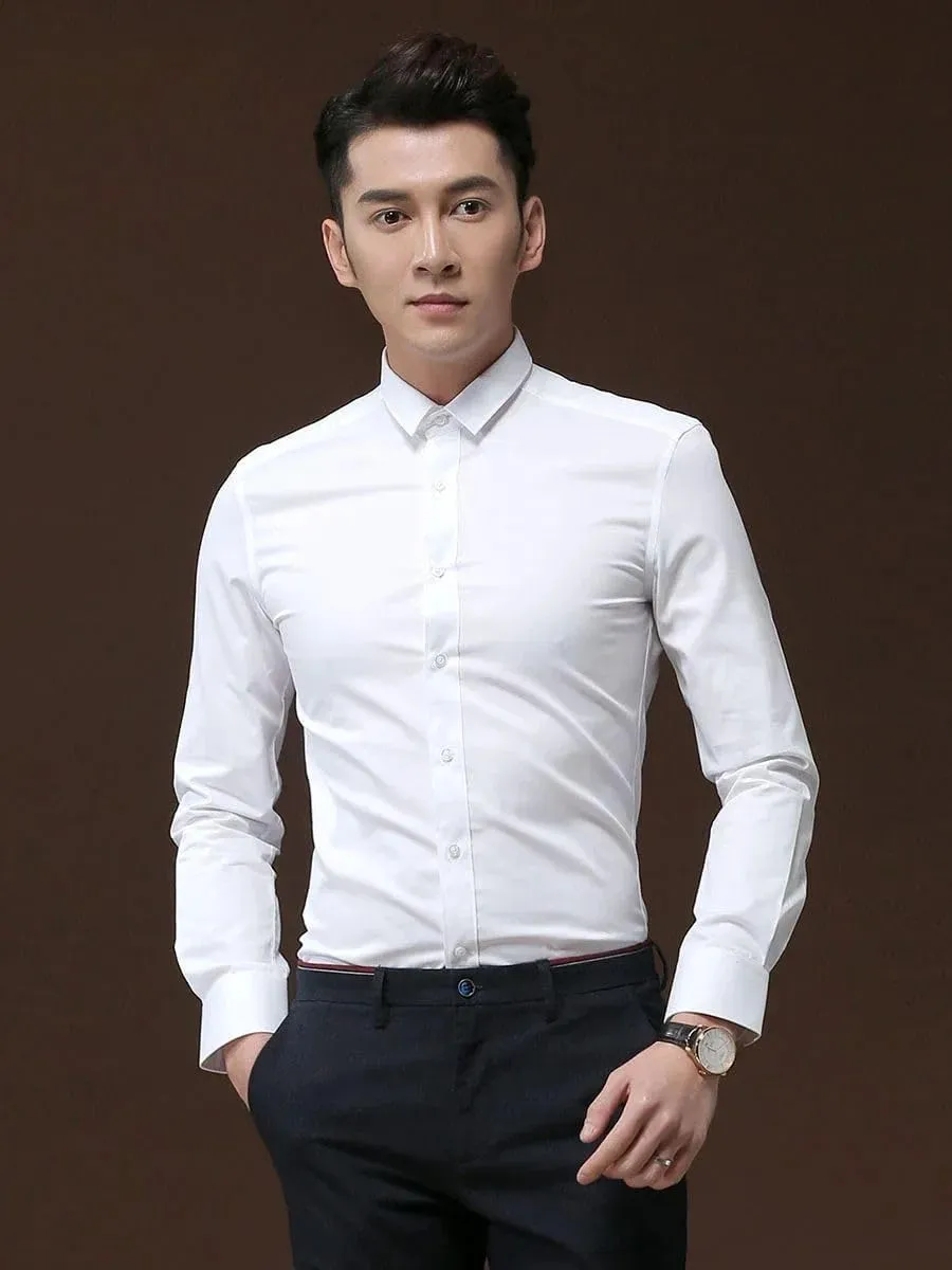 Men's Long Sleeved Slim Fitting Clothes White Business Casual Formal Inch Shirts Youth Spring Shirts