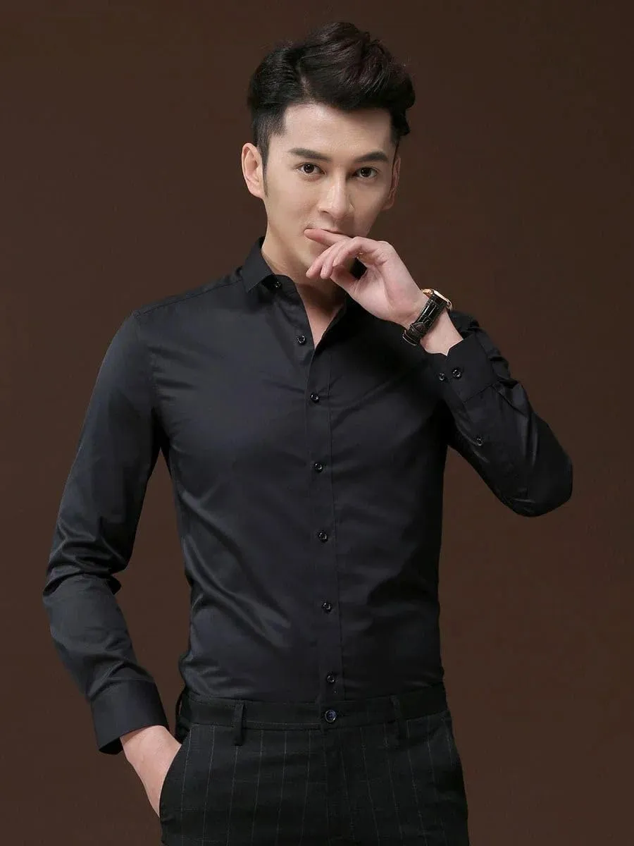 Men's Long Sleeved Slim Fitting Clothes White Business Casual Formal Inch Shirts Youth Spring Shirts