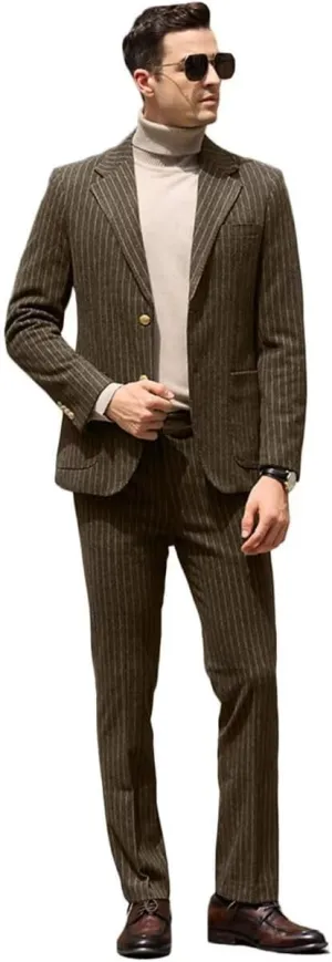 Mens Suit Slim Fit 2 Piece Classic Pinstripe Tweed Suits for Men Wedding Business Tuxedo Blazer Jacket Pants Set