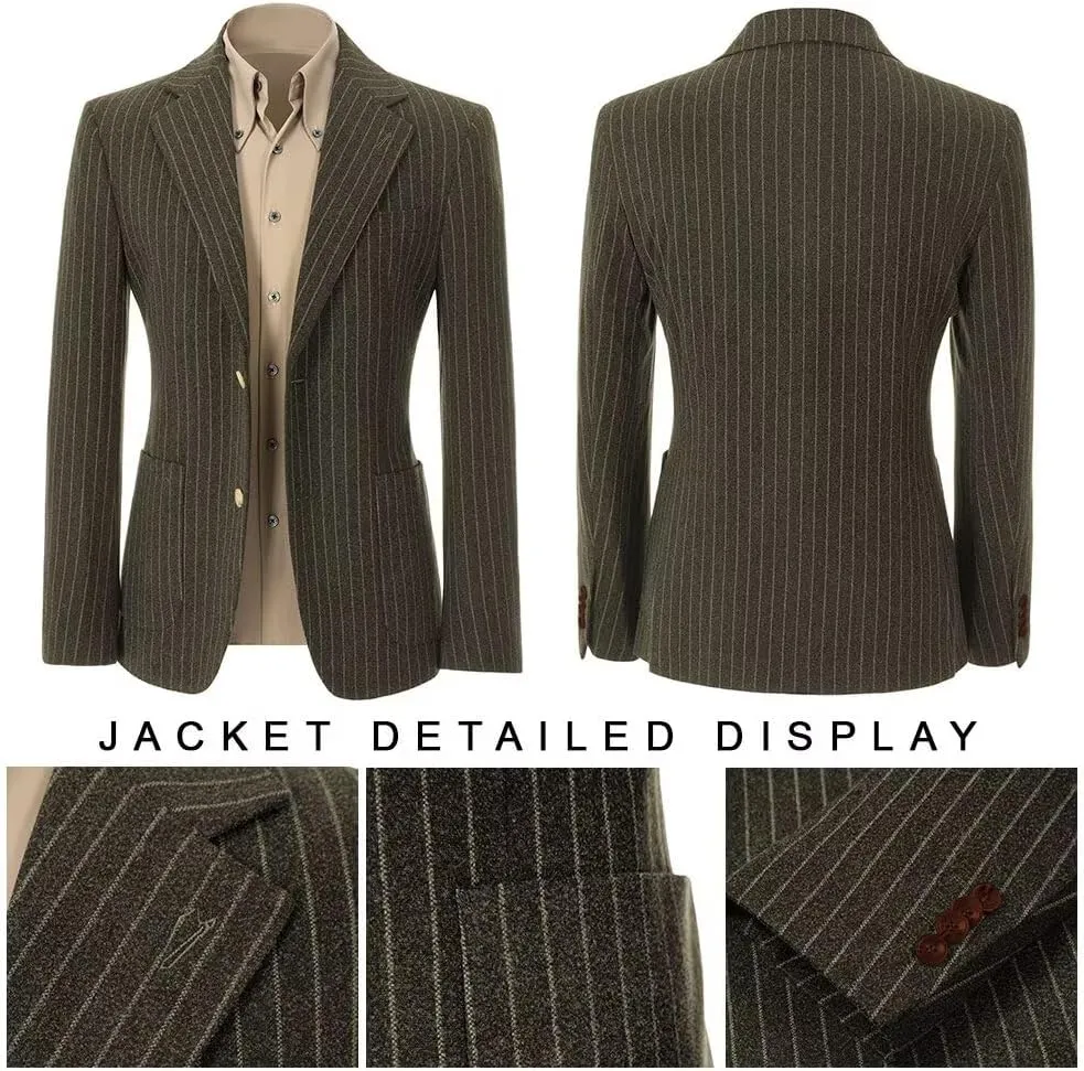 Mens Suit Slim Fit 2 Piece Classic Pinstripe Tweed Suits for Men Wedding Business Tuxedo Blazer Jacket Pants Set