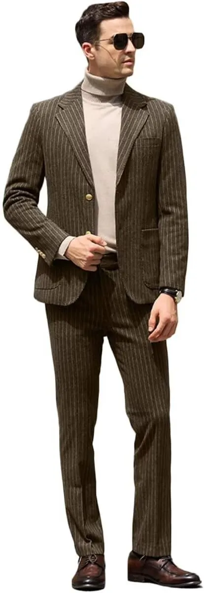 Mens Suit Slim Fit 2 Piece Classic Pinstripe Tweed Suits for Men Wedding Business Tuxedo Blazer Jacket Pants Set