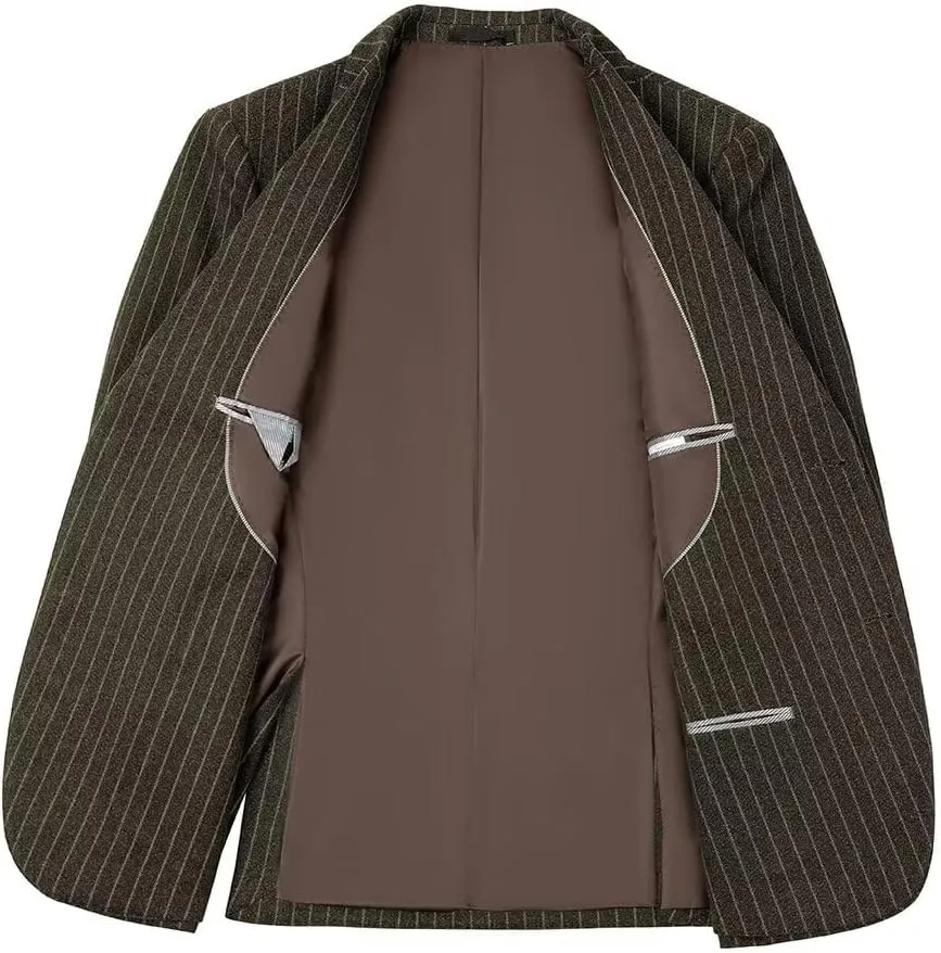 Mens Suit Slim Fit 2 Piece Classic Pinstripe Tweed Suits for Men Wedding Business Tuxedo Blazer Jacket Pants Set