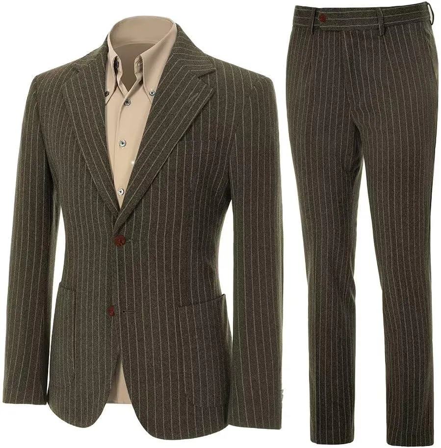 Mens Suit Slim Fit 2 Piece Classic Pinstripe Tweed Suits for Men Wedding Business Tuxedo Blazer Jacket Pants Set