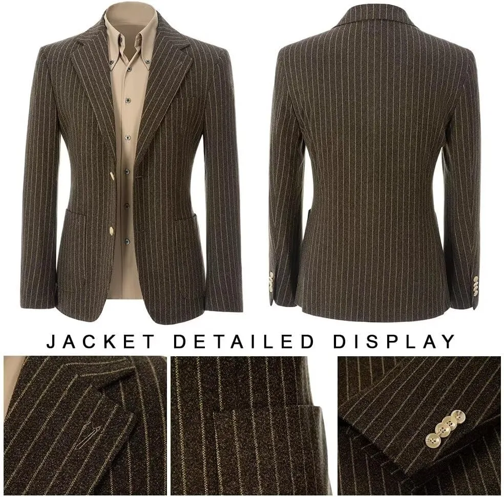 Mens Suit Slim Fit 2 Piece Classic Pinstripe Tweed Suits for Men Wedding Business Tuxedo Blazer Jacket Pants Set