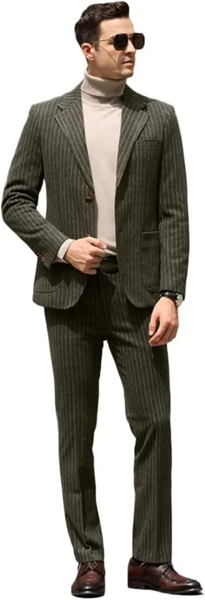 Mens Suit Slim Fit 2 Piece Classic Pinstripe Tweed Suits for Men Wedding Business Tuxedo Blazer Jacket Pants Set