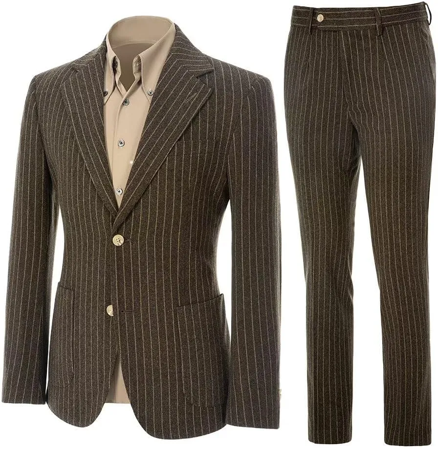 Mens Suit Slim Fit 2 Piece Classic Pinstripe Tweed Suits for Men Wedding Business Tuxedo Blazer Jacket Pants Set