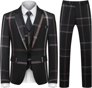 Mens Suits 3 Piece Check Plaid Suit Single Breasted One Button Jackets Formal Dress Party Prom Tuxedo Suits Blazer Set