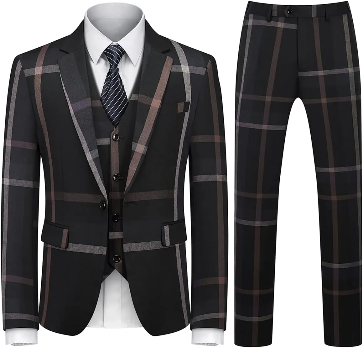 Mens Suits 3 Piece Check Plaid Suit Single Breasted One Button Jackets Formal Dress Party Prom Tuxedo Suits Blazer Set