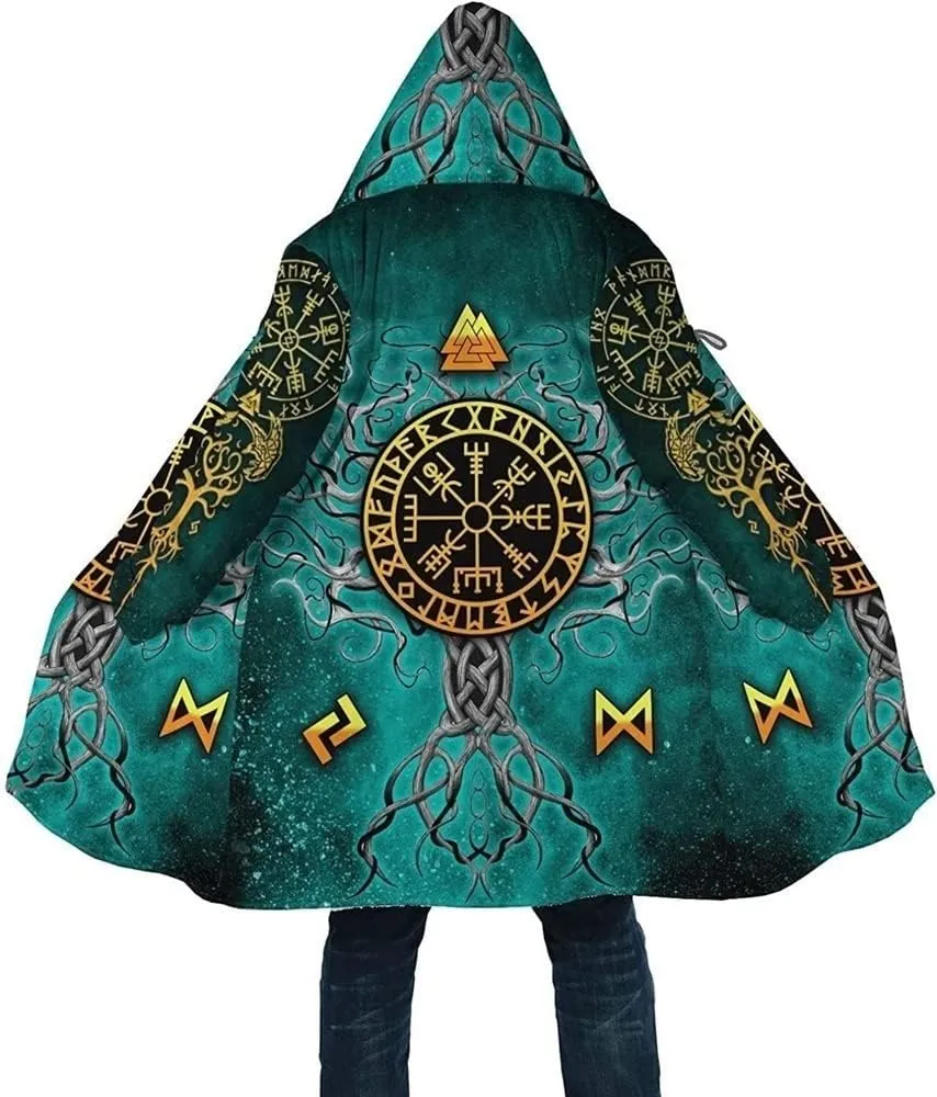 Mens Viking Hooded Coats Novelty Unisex Cloak Norse Vegvisir And Tree Of Life Tattoo Hooded Poncho Thick Warm Overcoat