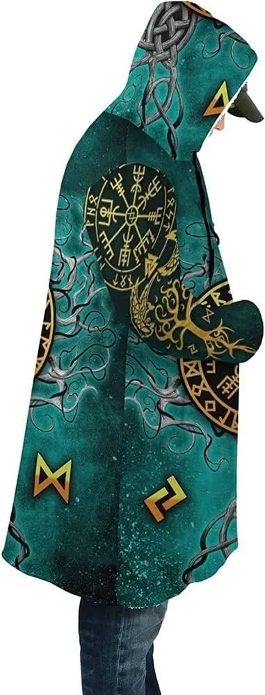 Mens Viking Hooded Coats Novelty Unisex Cloak Norse Vegvisir And Tree Of Life Tattoo Hooded Poncho Thick Warm Overcoat
