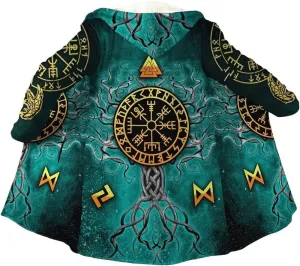 Mens Viking Hooded Coats Novelty Unisex Cloak Norse Vegvisir And Tree Of Life Tattoo Hooded Poncho Thick Warm Overcoat