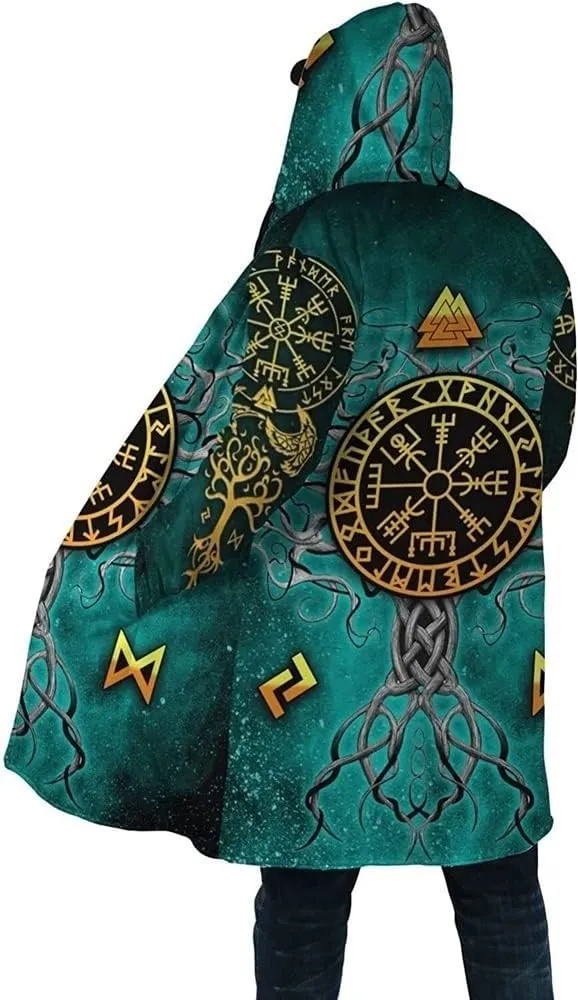 Mens Viking Hooded Coats Novelty Unisex Cloak Norse Vegvisir And Tree Of Life Tattoo Hooded Poncho Thick Warm Overcoat