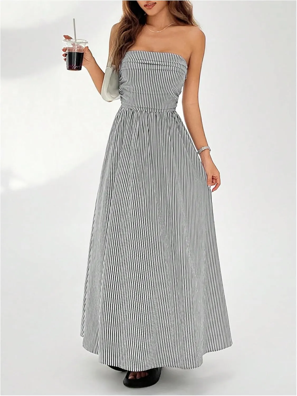 Milumia Women's Striped Strapless Maxi Dress Flared Tube Top Long Dresses with Pocket