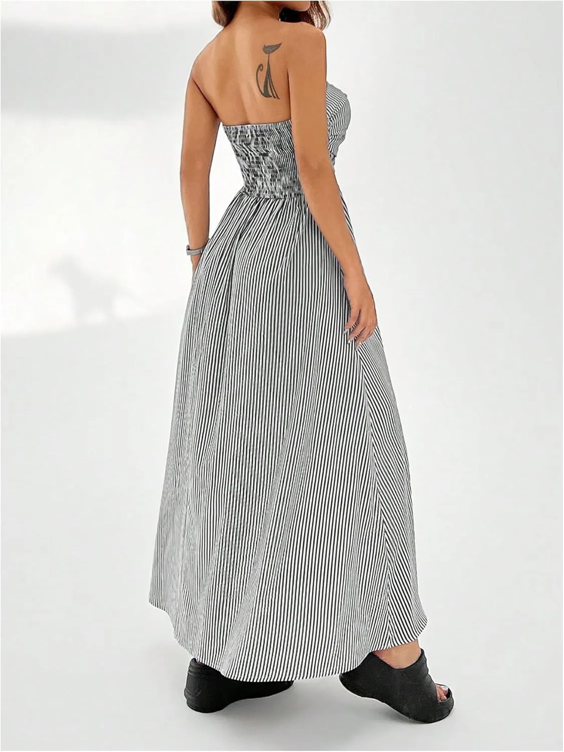 Milumia Women's Striped Strapless Maxi Dress Flared Tube Top Long Dresses with Pocket