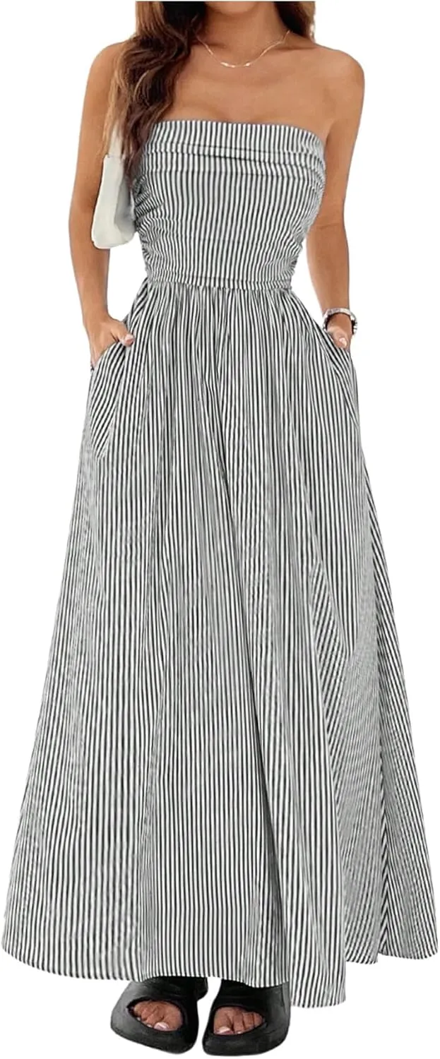 Milumia Women's Striped Strapless Maxi Dress Flared Tube Top Long Dresses with Pocket