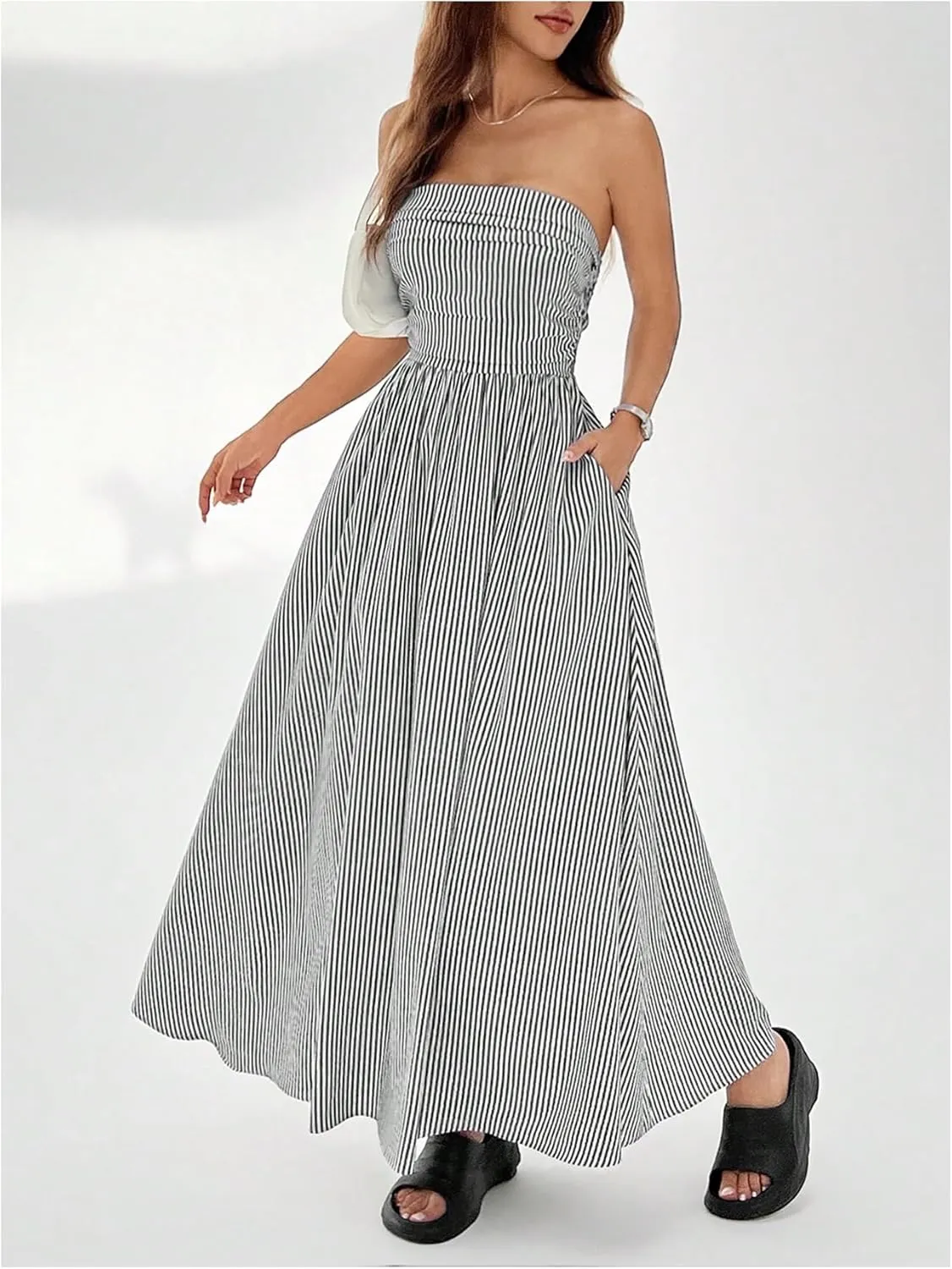 Milumia Women's Striped Strapless Maxi Dress Flared Tube Top Long Dresses with Pocket